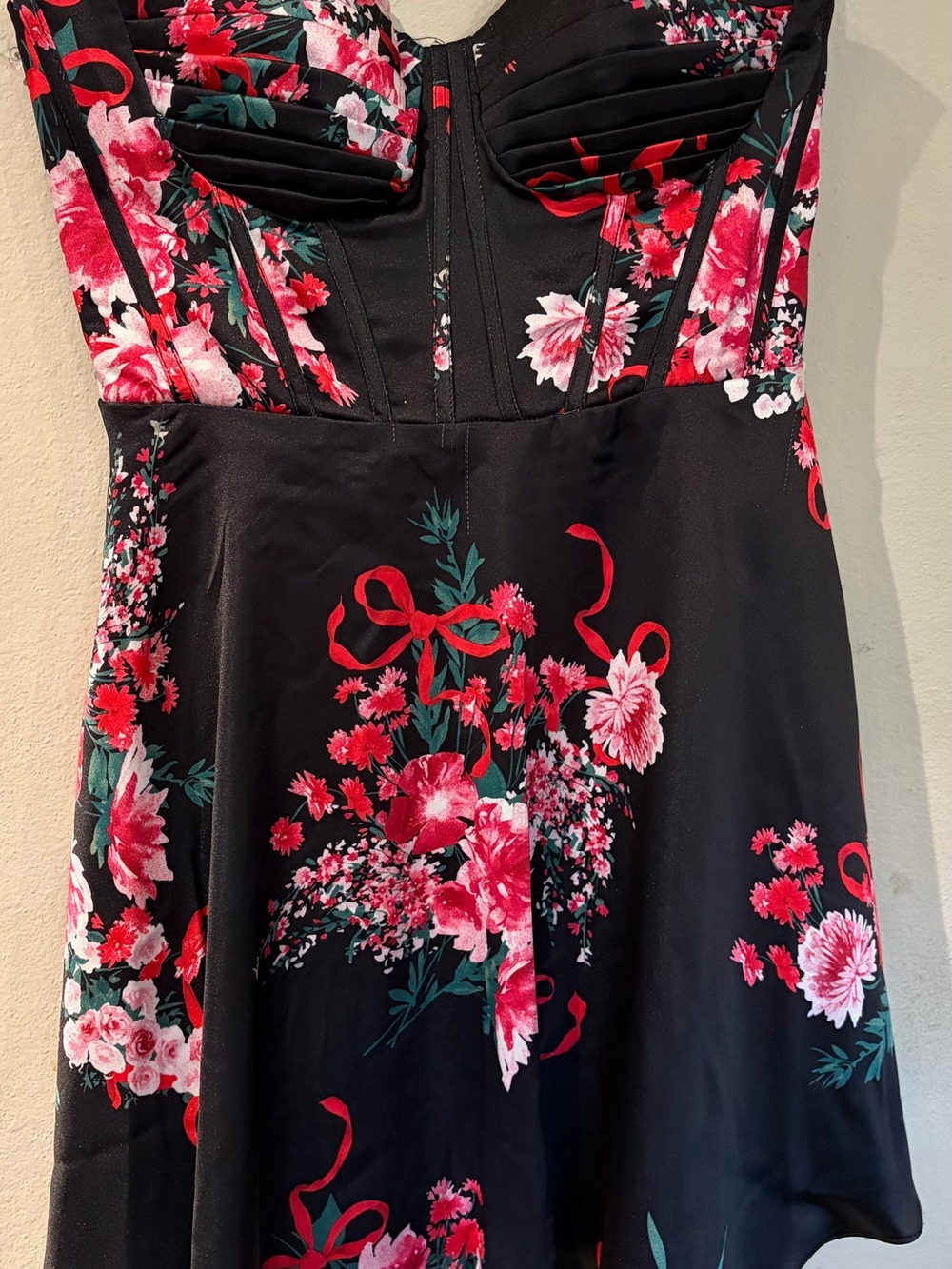 Floral Sweetheart Fit-and-Flare Dress - Black with Pink Floral